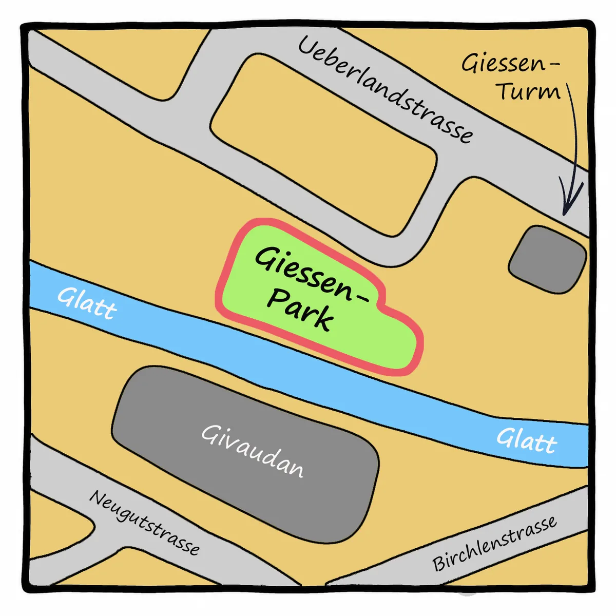 Hier befindet sich der Giessenpark. Eine gezeichnete Karte als Situationsplan für einen Park.